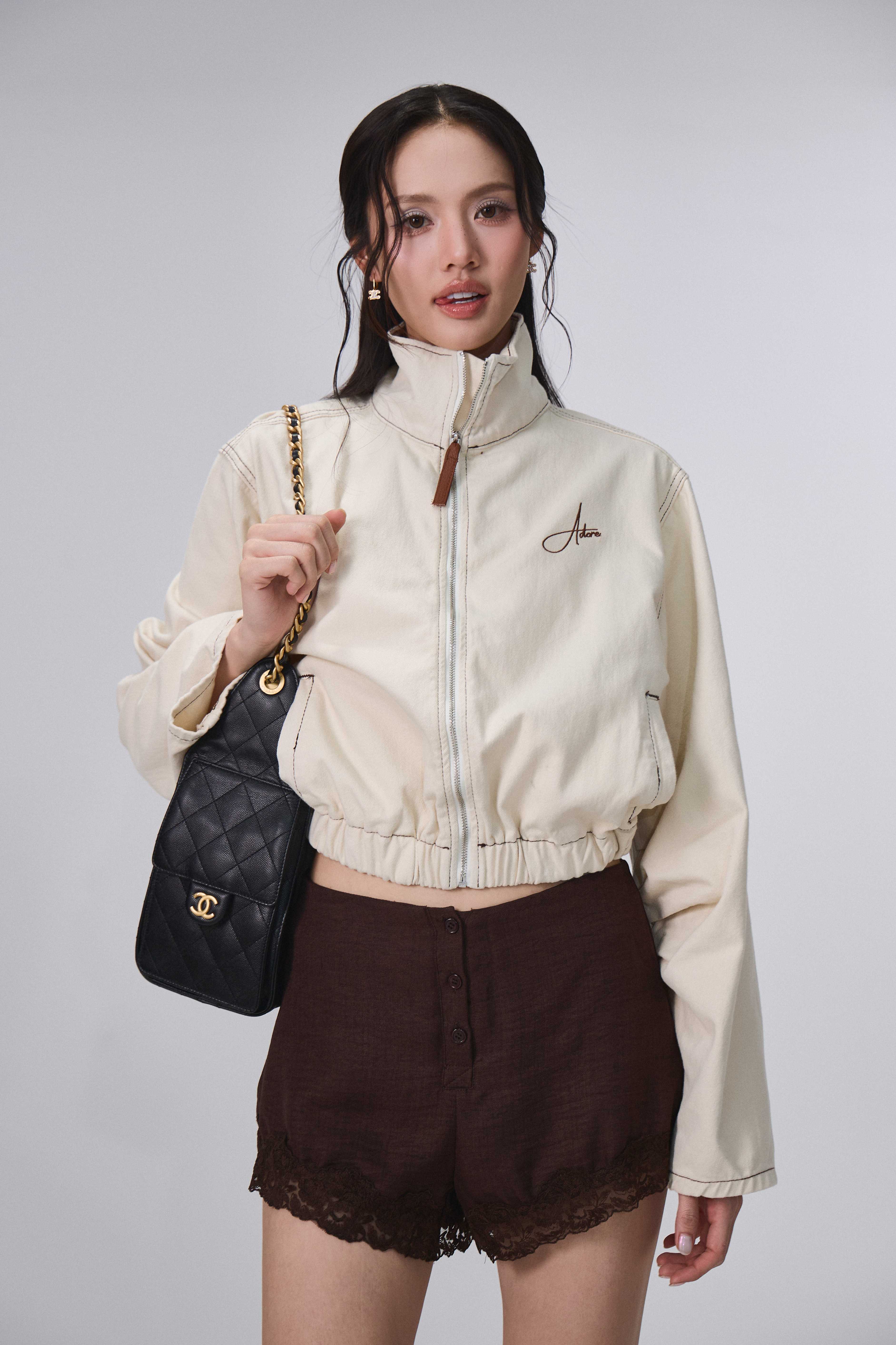 Adore | JC-2606C | Cream Denim Jacket with Adore Embroidery and Leather Patch